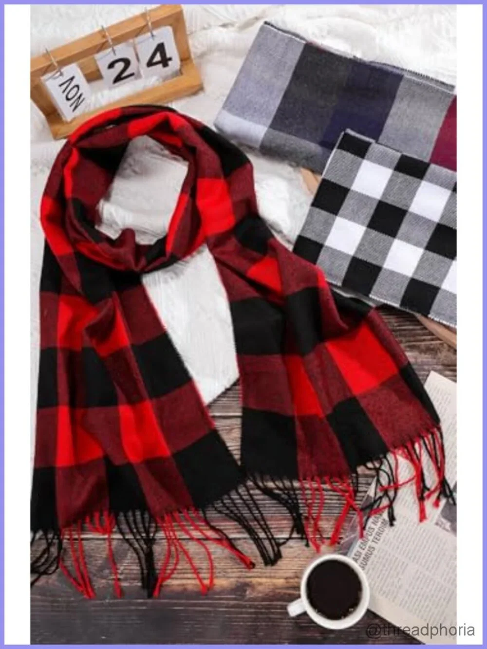 3-Piece Winter Plaid Scarf Shawl Wrap for Women Men Soft Polyester